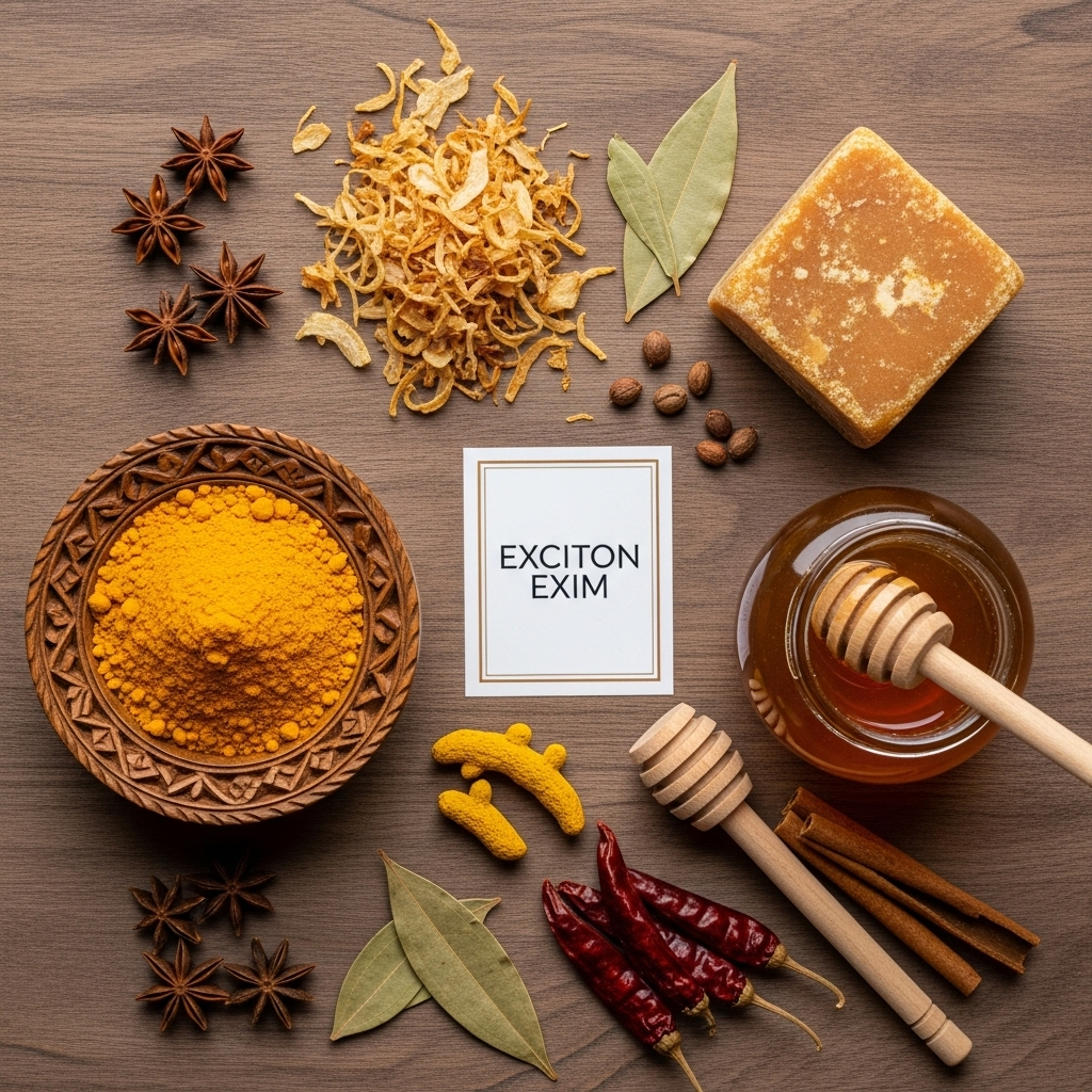 A collage of Indian spices like turmeric and onion flakes with a farm in the background